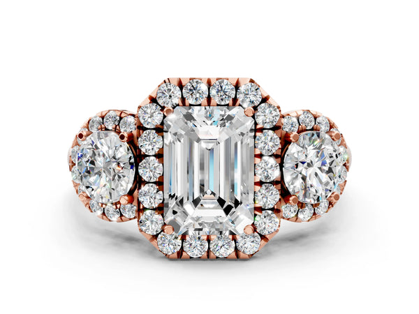 Rose gold Emerald Cut Diamond Three-Stone Halo Ring with Prong Setting and Pavé Accents