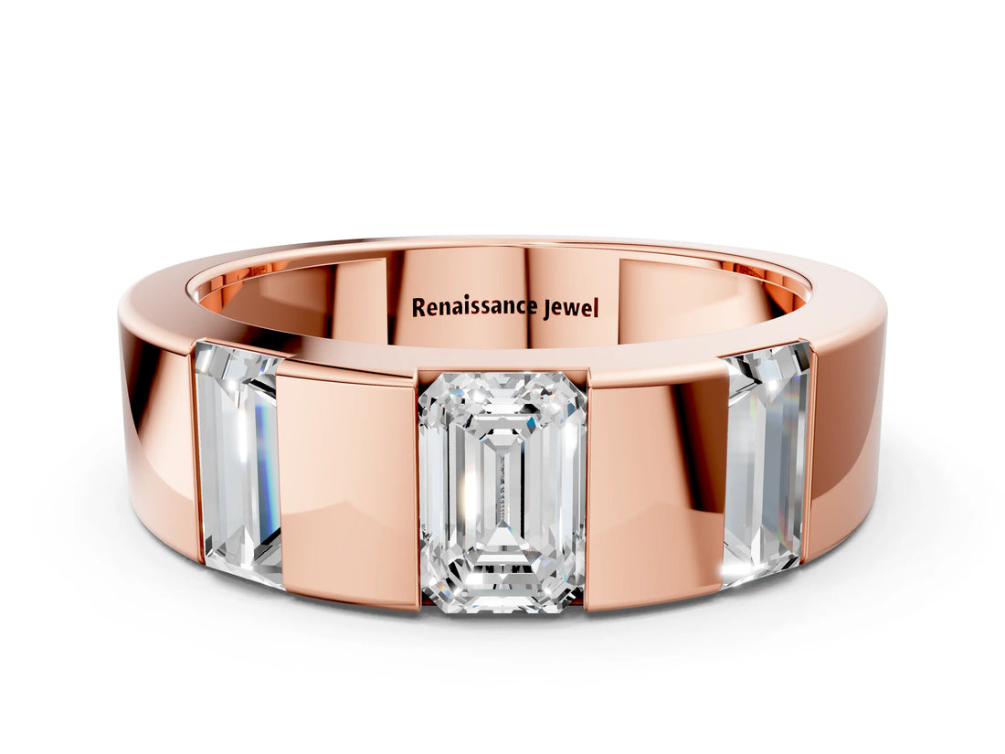 Rose gold Emerald Cut Diamond Three-Stone Mens Ring with Baguette Side Stones