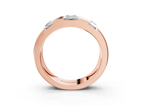 Rose gold Emerald Cut Diamond Three-Stone Mens Ring with Baguette Side Stones