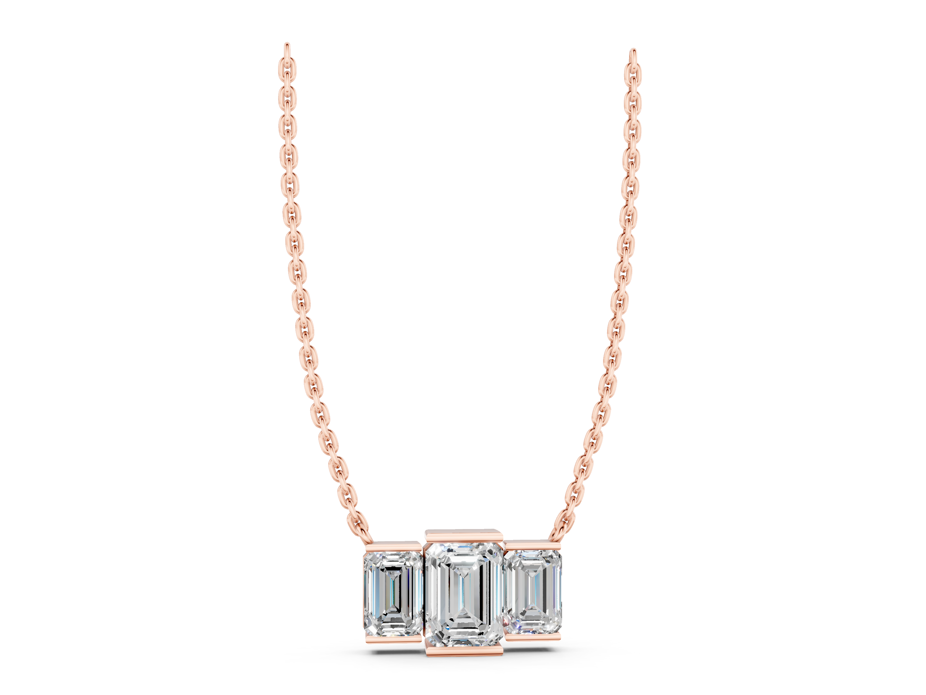 Rose gold Emerald Cut Diamond Three-Stone Necklace with Prong Setting_4