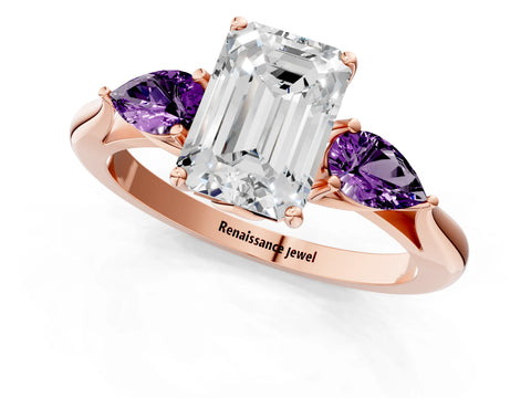 Rose gold Emerald Cut Diamond Three-Stone Ring with Pear with Amethyst side stone Side Stones and Prong Setting_1