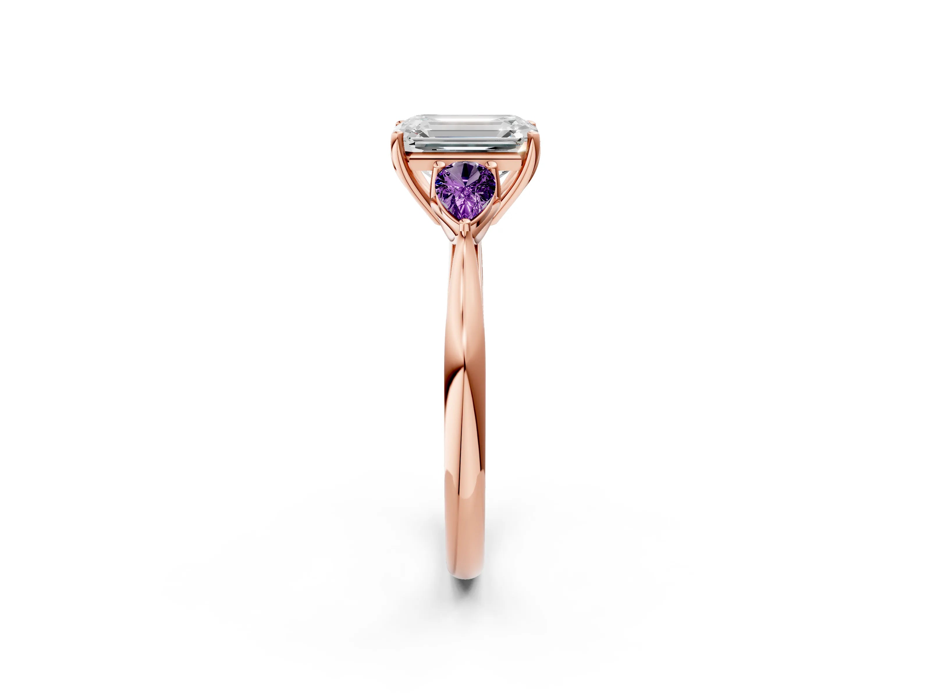 Rose gold Emerald Cut Diamond Three-Stone Ring with Pear with Amethyst side stone Side Stones and Prong Setting_2