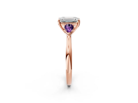 Rose gold Emerald Cut Diamond Three-Stone Ring with Pear with Amethyst side stone Side Stones and Prong Setting_2