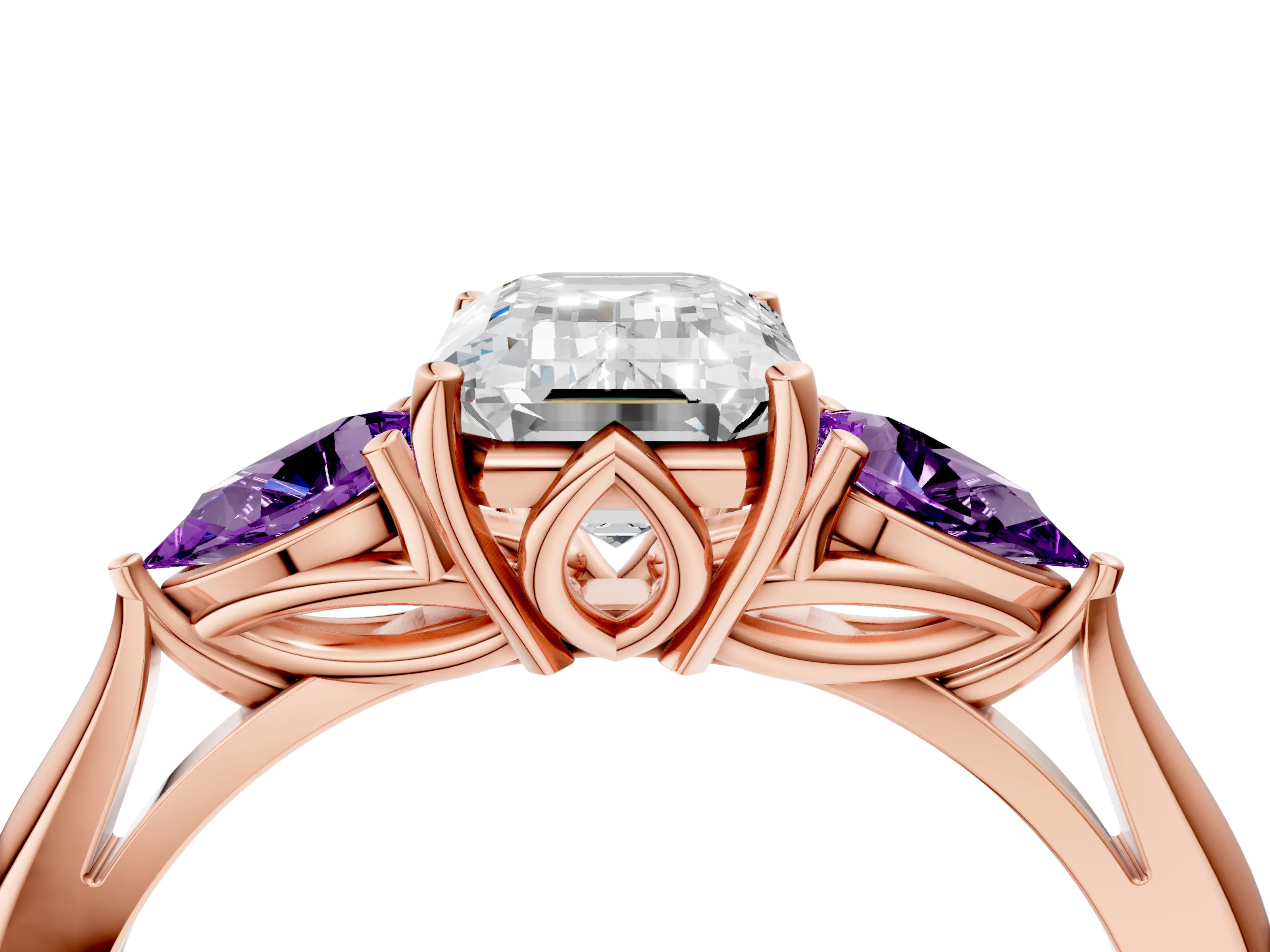 Rose gold Emerald Cut Diamond Three-Stone Ring with Pear with Amethyst side stone Side Stones and Prong Setting_4