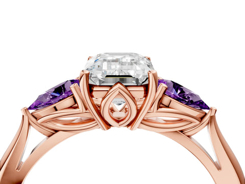 Rose gold Emerald Cut Diamond Three-Stone Ring with Pear with Amethyst side stone Side Stones and Prong Setting_4