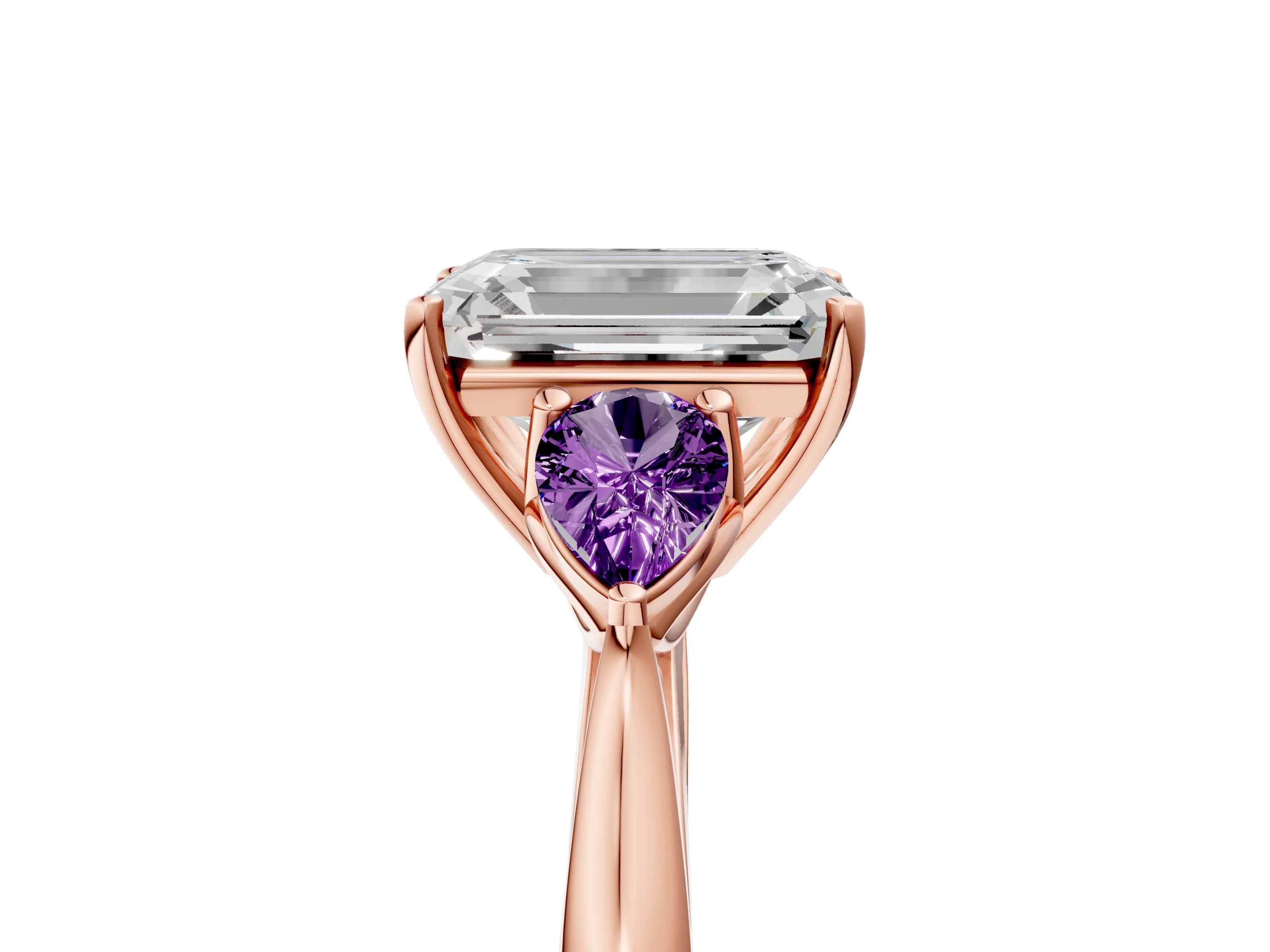 Rose gold Emerald Cut Diamond Three-Stone Ring with Pear with Amethyst side stone Side Stones and Prong Setting_5
