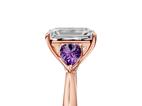 Rose gold Emerald Cut Diamond Three-Stone Ring with Pear with Amethyst side stone Side Stones and Prong Setting_5