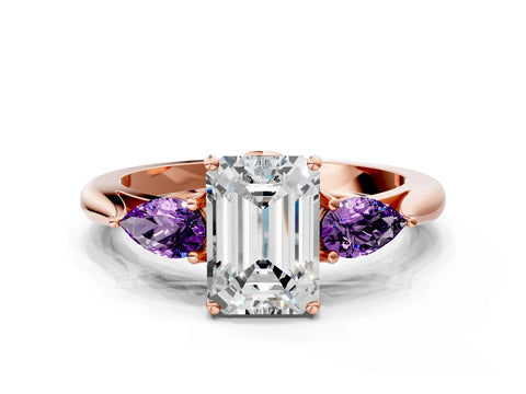 Rose gold Emerald Cut Diamond Three-Stone Ring with Pear with Amethyst side stone Side Stones and Prong Setting