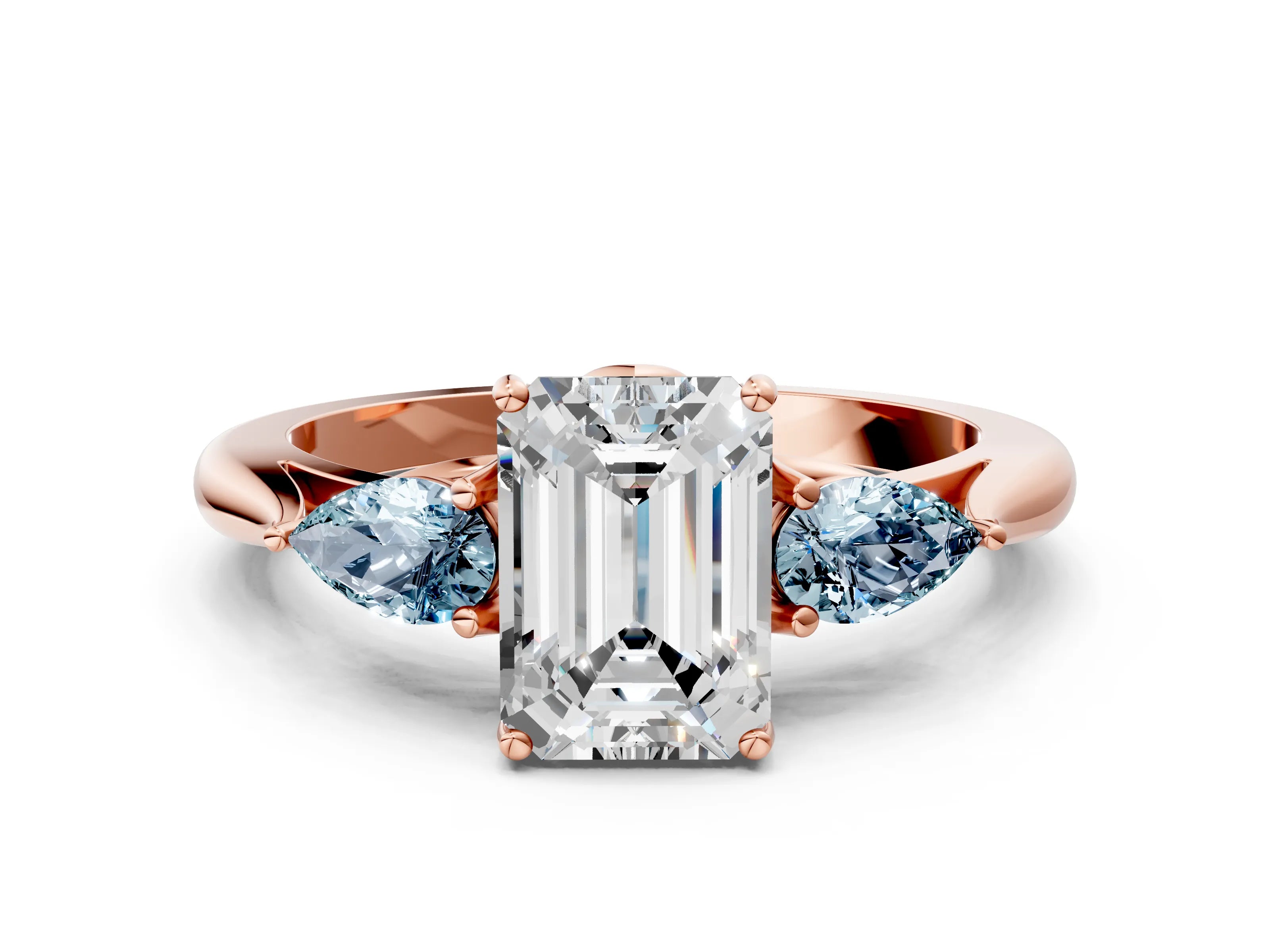 Rose gold Emerald Cut Diamond Three-Stone Ring with Pear with Aquamarine side stone Side Stones and Prong Setting