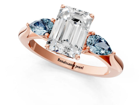 Rose gold Emerald Cut Diamond Three-Stone Ring with Pear with Aquamarine side stone Side Stones and Prong Setting_1