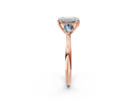 Rose gold Emerald Cut Diamond Three-Stone Ring with Pear with Aquamarine side stone Side Stones and Prong Setting_2