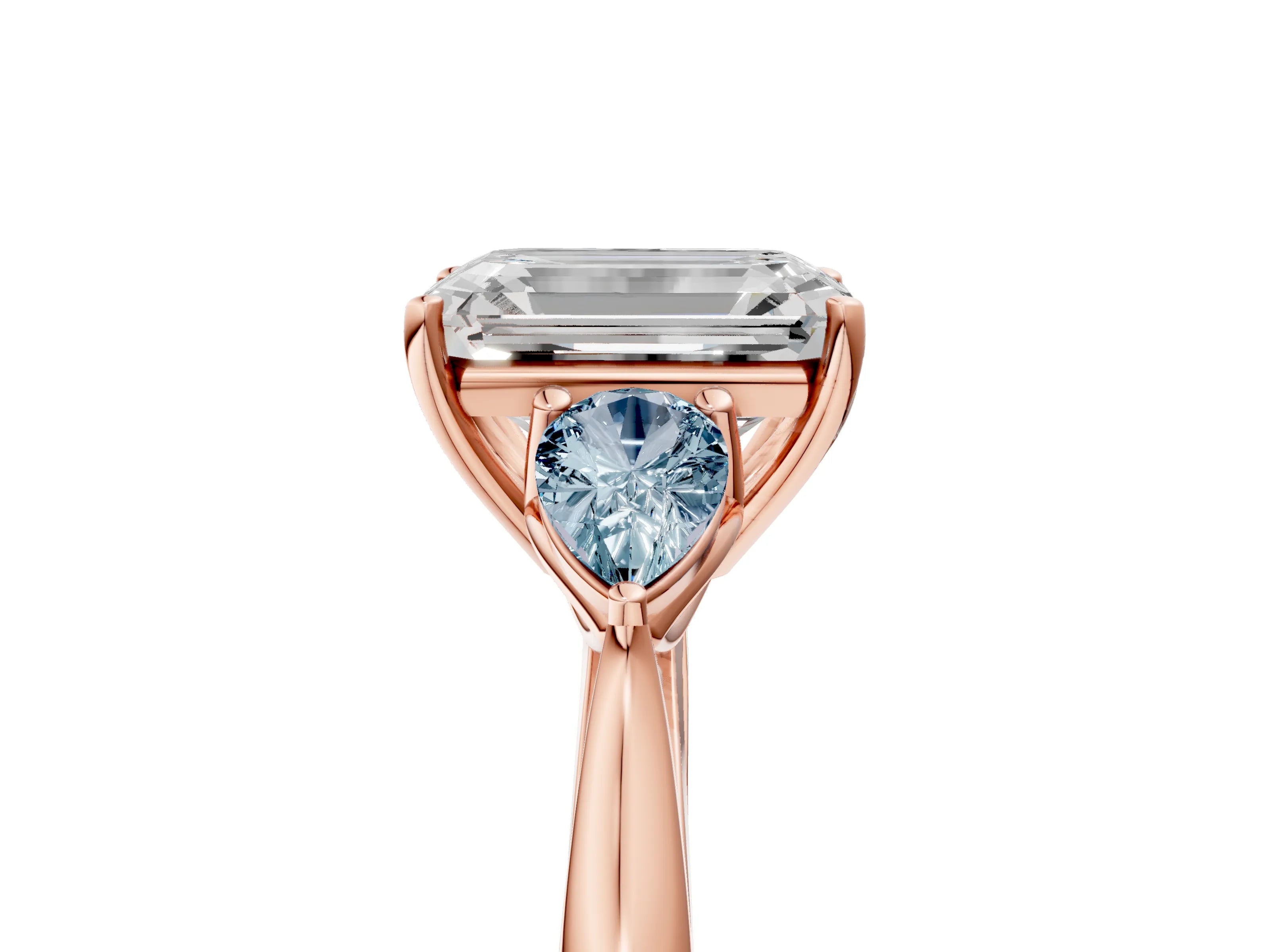 Rose gold Emerald Cut Diamond Three-Stone Ring with Pear with Aquamarine side stone Side Stones and Prong Setting_5