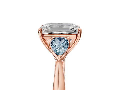 Rose gold Emerald Cut Diamond Three-Stone Ring with Pear with Aquamarine side stone Side Stones and Prong Setting_5