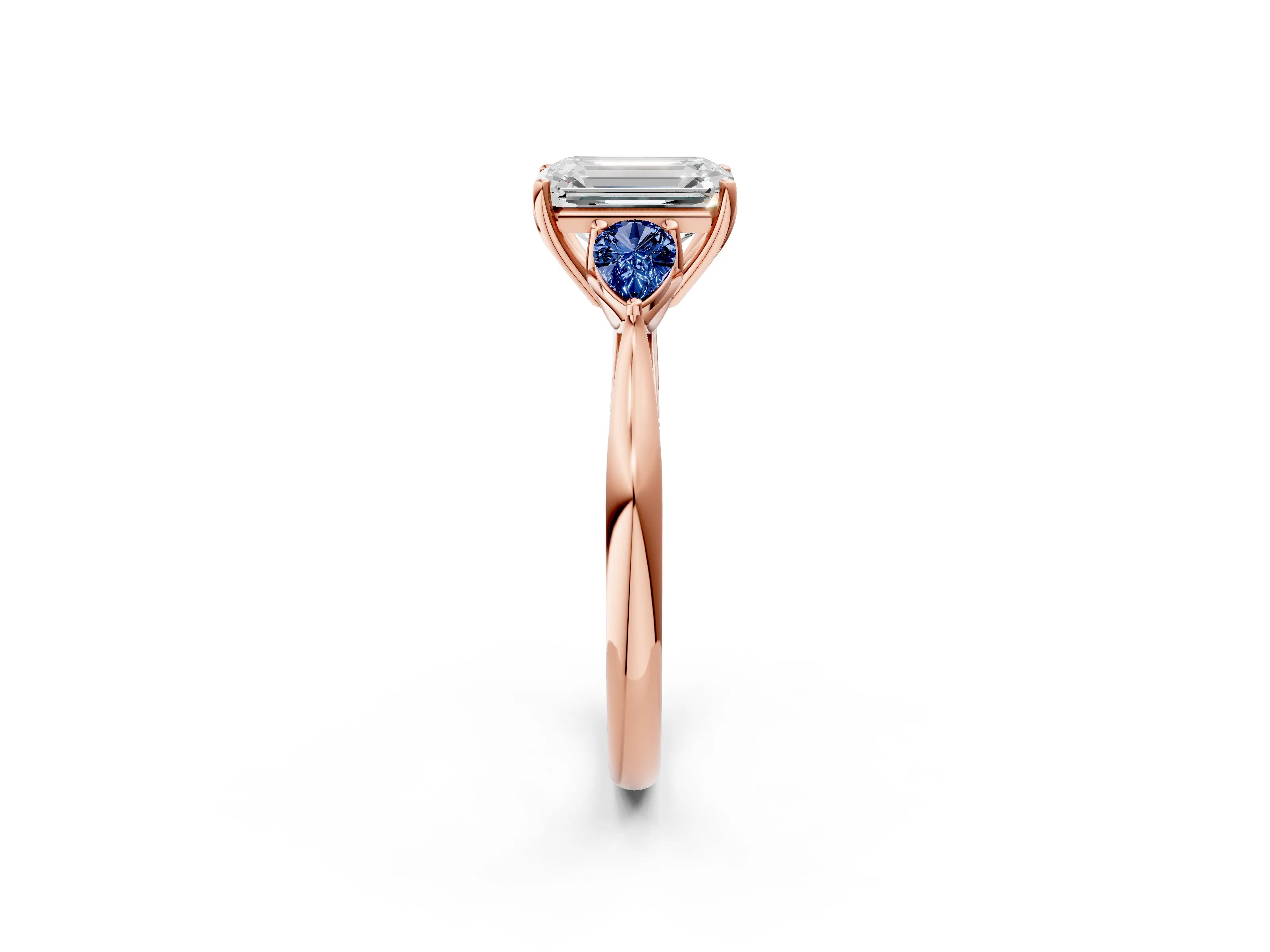 Rose gold Emerald Cut Diamond Three-Stone Ring with Pear with Blue Sapphire side stone Side Stones and Prong Setting_2