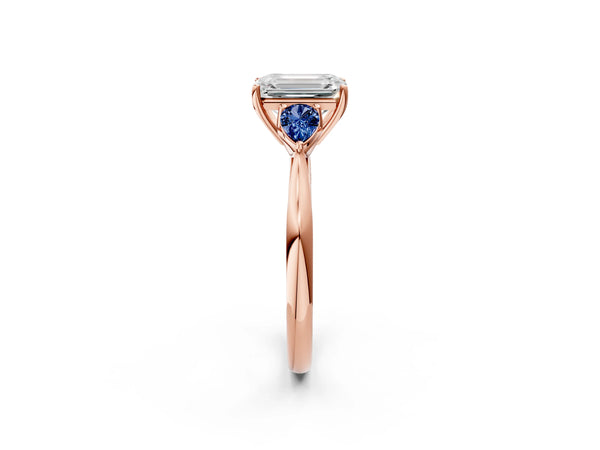 Rose Gold Emerald Cut Three Stone Engagement Ring Setting with Pear Lab-Grown Blue Sapphire Side Stones