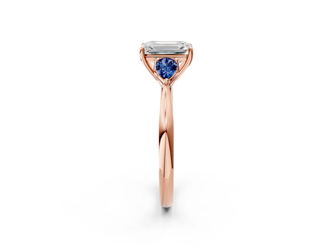 Rose gold Emerald Cut Diamond Three-Stone Ring with Pear with Blue Sapphire side stone Side Stones and Prong Setting_2