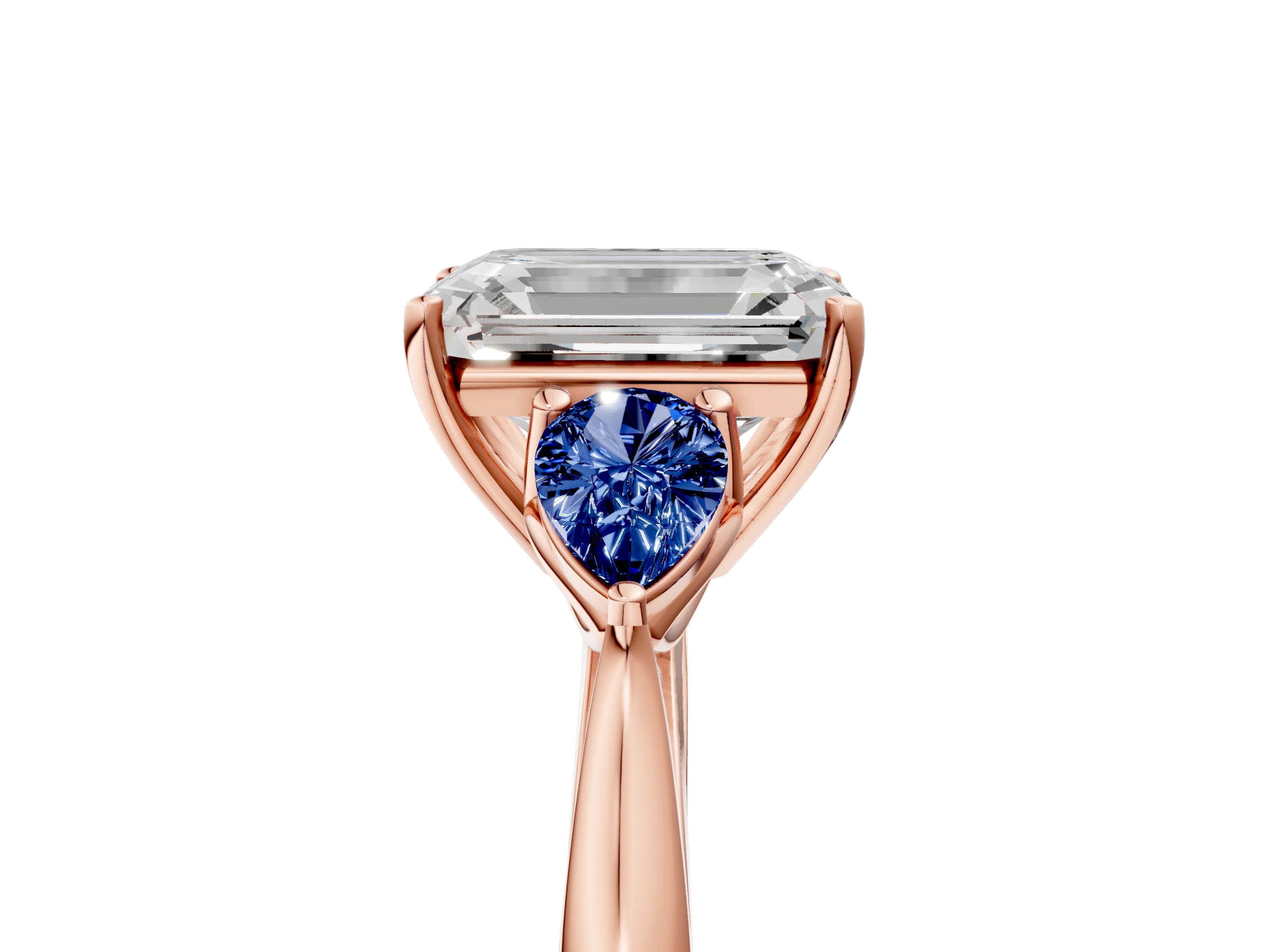 Rose gold Emerald Cut Diamond Three-Stone Ring with Pear with Blue Sapphire side stone Side Stones and Prong Setting_5
