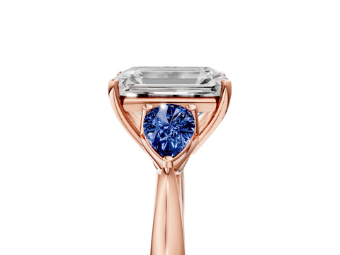 Rose gold Emerald Cut Diamond Three-Stone Ring with Pear with Blue Sapphire side stone Side Stones and Prong Setting_5