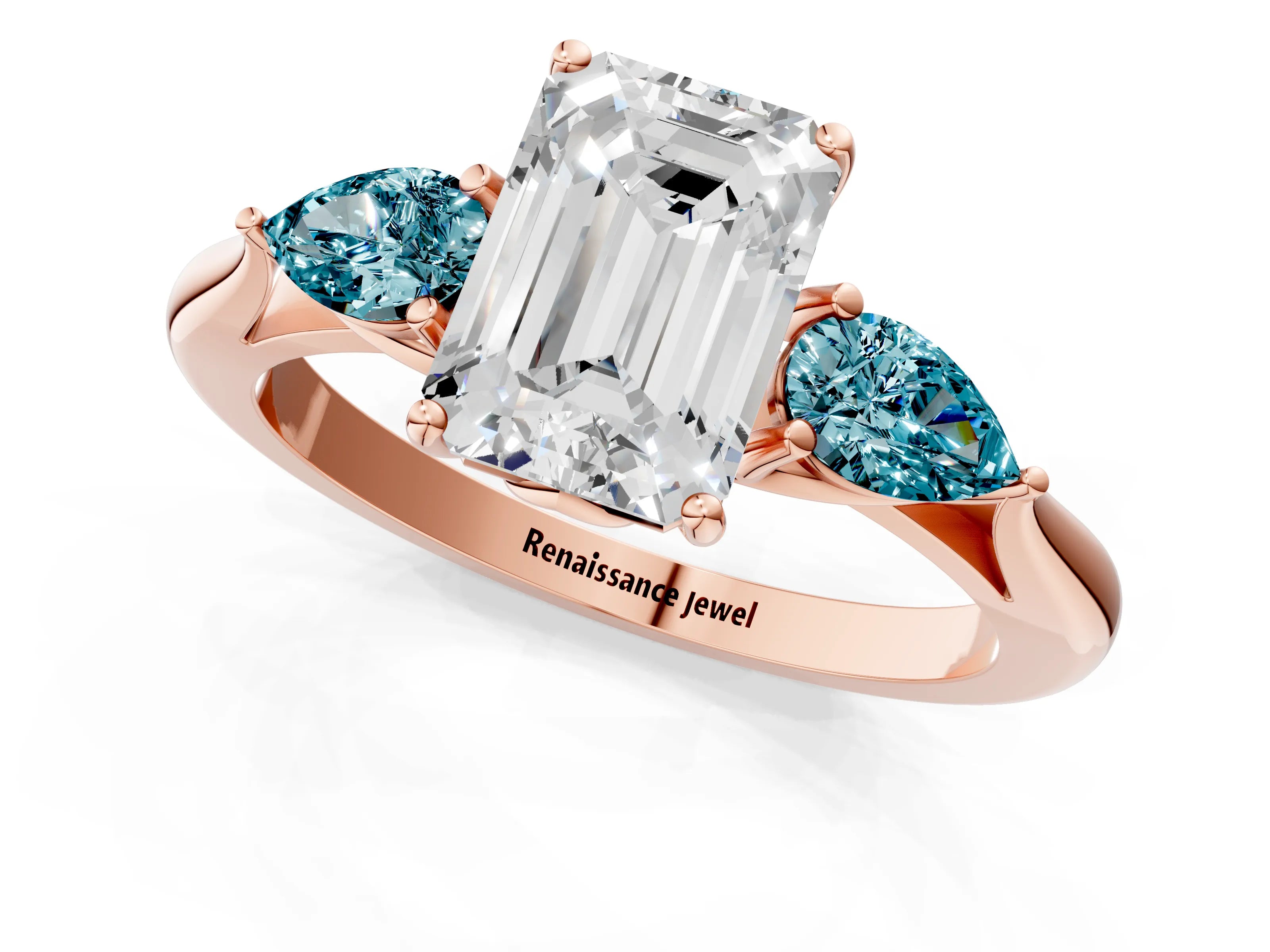 Rose gold Emerald Cut Diamond Three-Stone Ring with Pear with Blue Topaz side stone Side Stones and Prong Setting_1