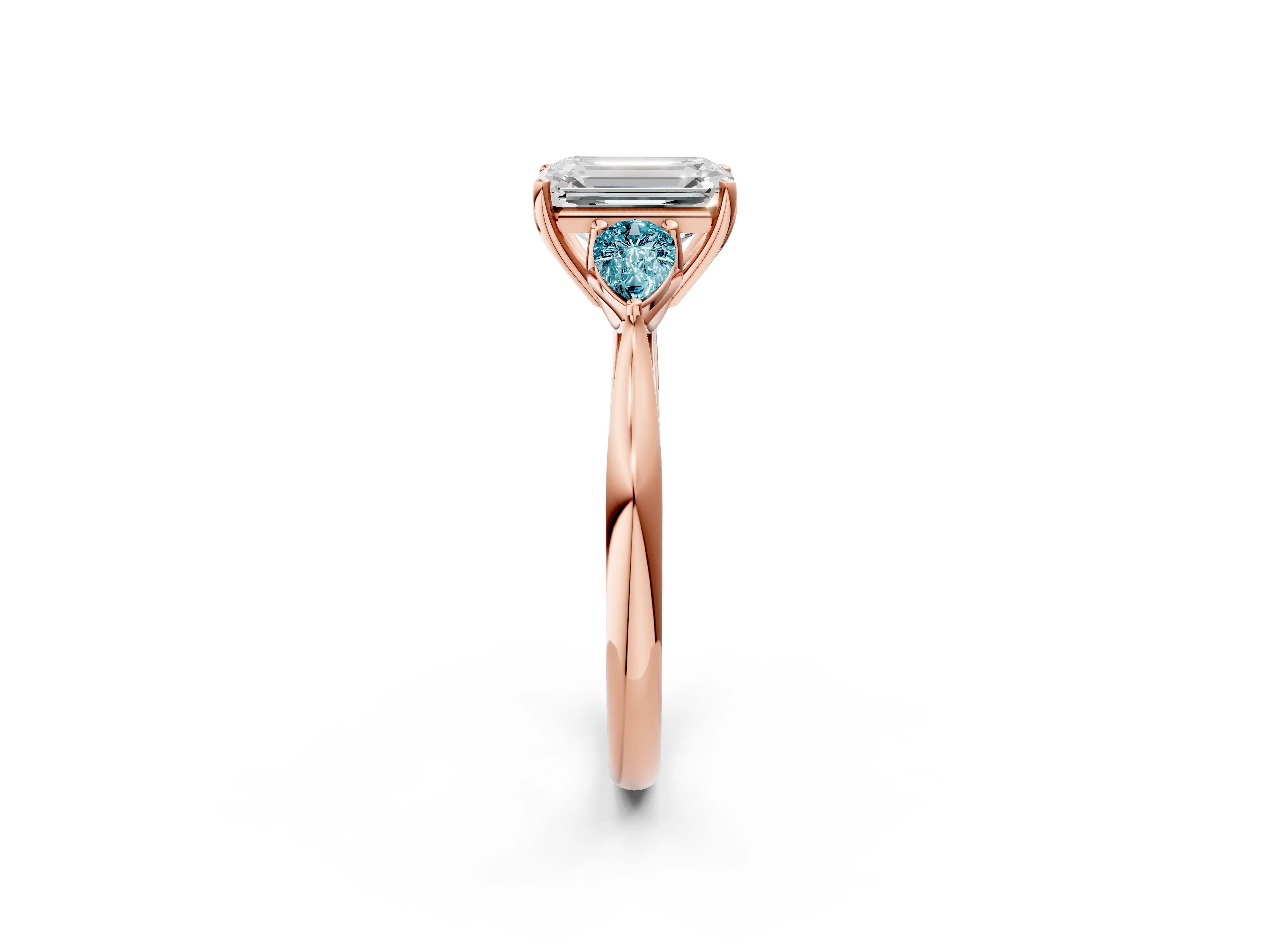 Rose gold Emerald Cut Diamond Three-Stone Ring with Pear with Blue Topaz side stone Side Stones and Prong Setting_2