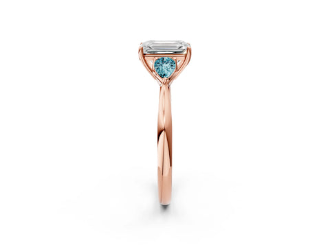 Rose gold Emerald Cut Diamond Three-Stone Ring with Pear with Blue Topaz side stone Side Stones and Prong Setting_2
