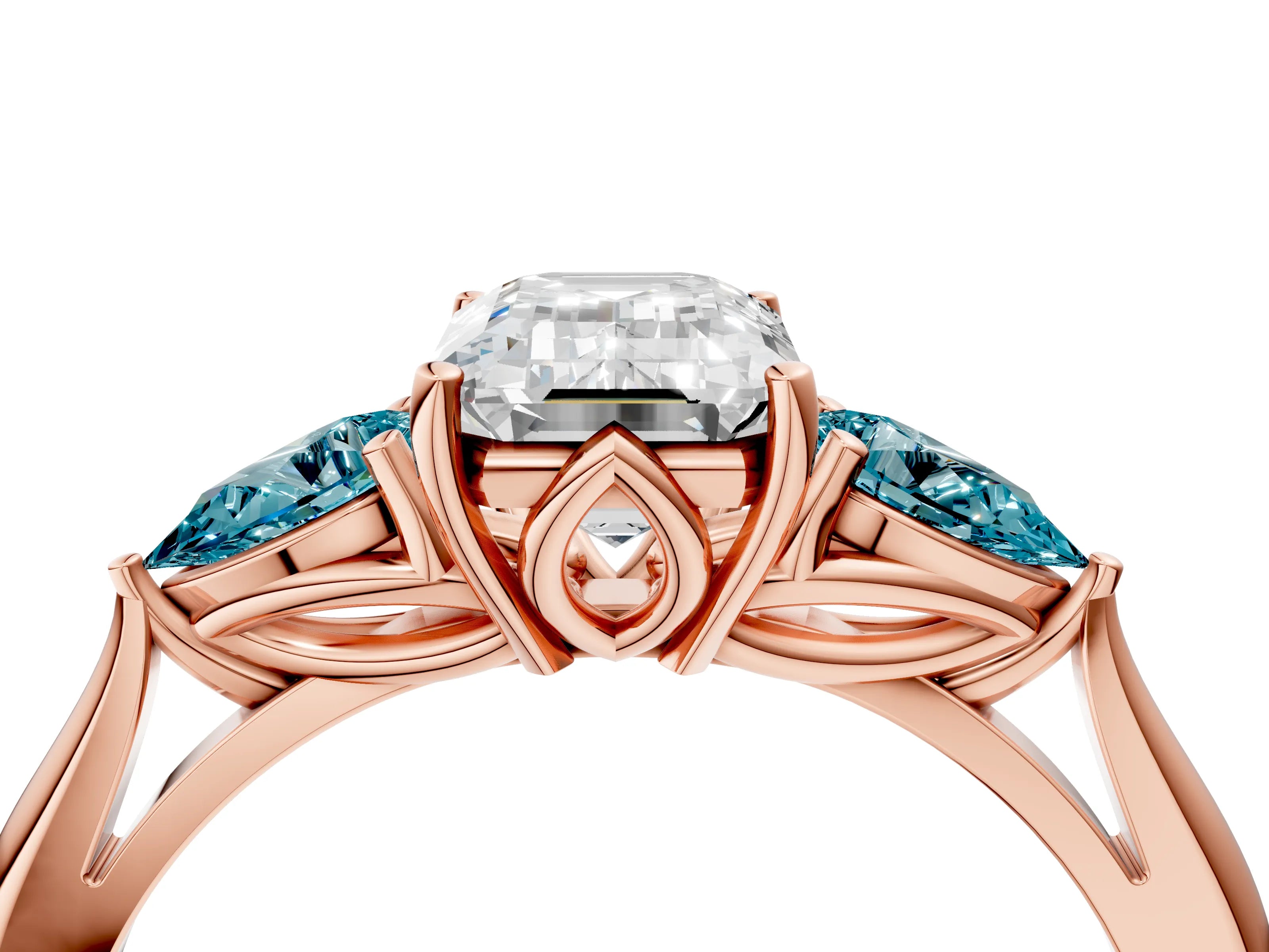 Rose gold Emerald Cut Diamond Three-Stone Ring with Pear with Blue Topaz side stone Side Stones and Prong Setting_4