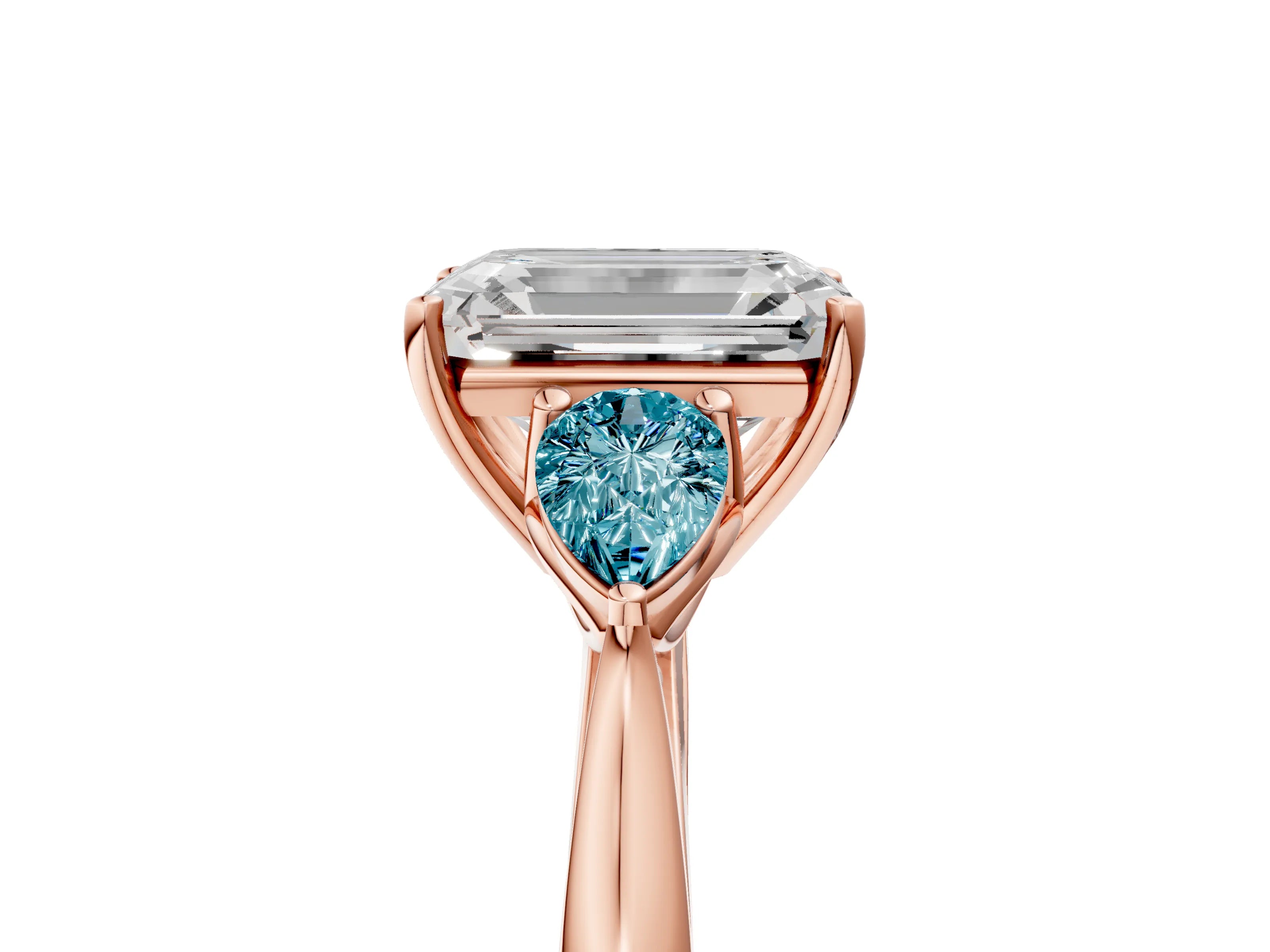 Rose gold Emerald Cut Diamond Three-Stone Ring with Pear with Blue Topaz side stone Side Stones and Prong Setting_5