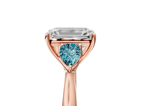 Rose gold Emerald Cut Diamond Three-Stone Ring with Pear with Blue Topaz side stone Side Stones and Prong Setting_5