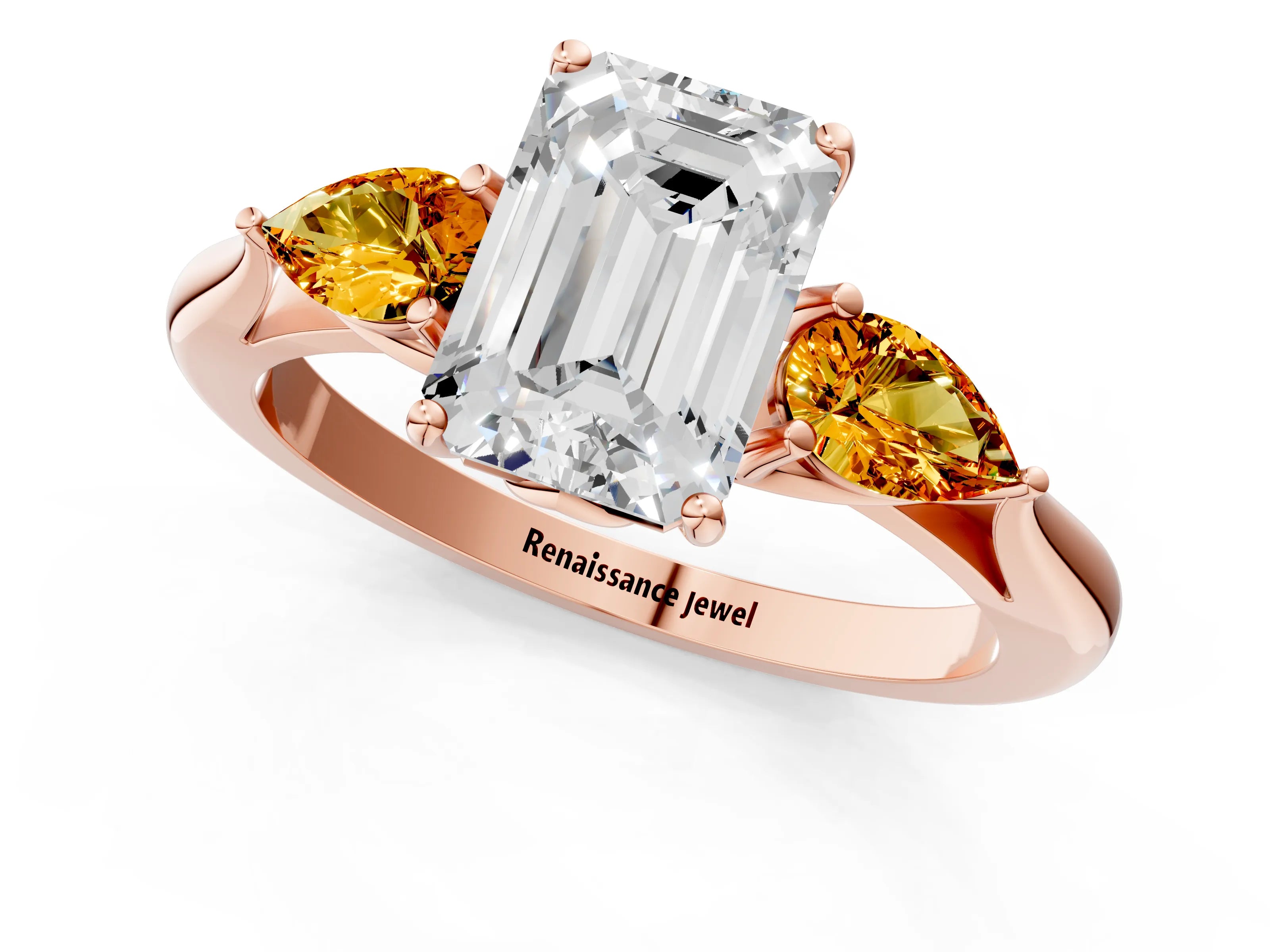 Rose gold Emerald Cut Diamond Three-Stone Ring with Pear with Citrine side stone Side Stones and Prong Setting_1