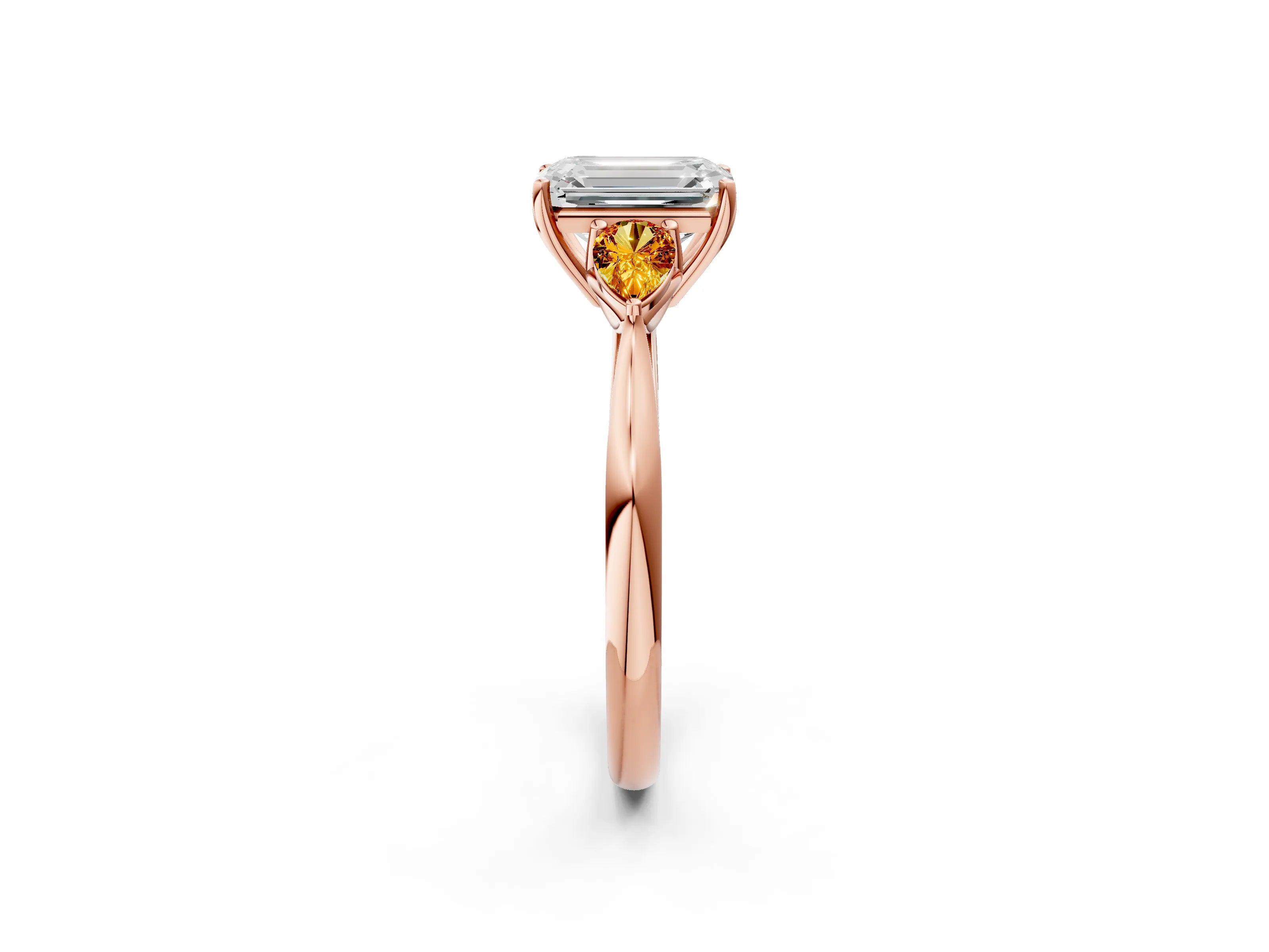 Rose gold Emerald Cut Diamond Three-Stone Ring with Pear with Citrine side stone Side Stones and Prong Setting_2
