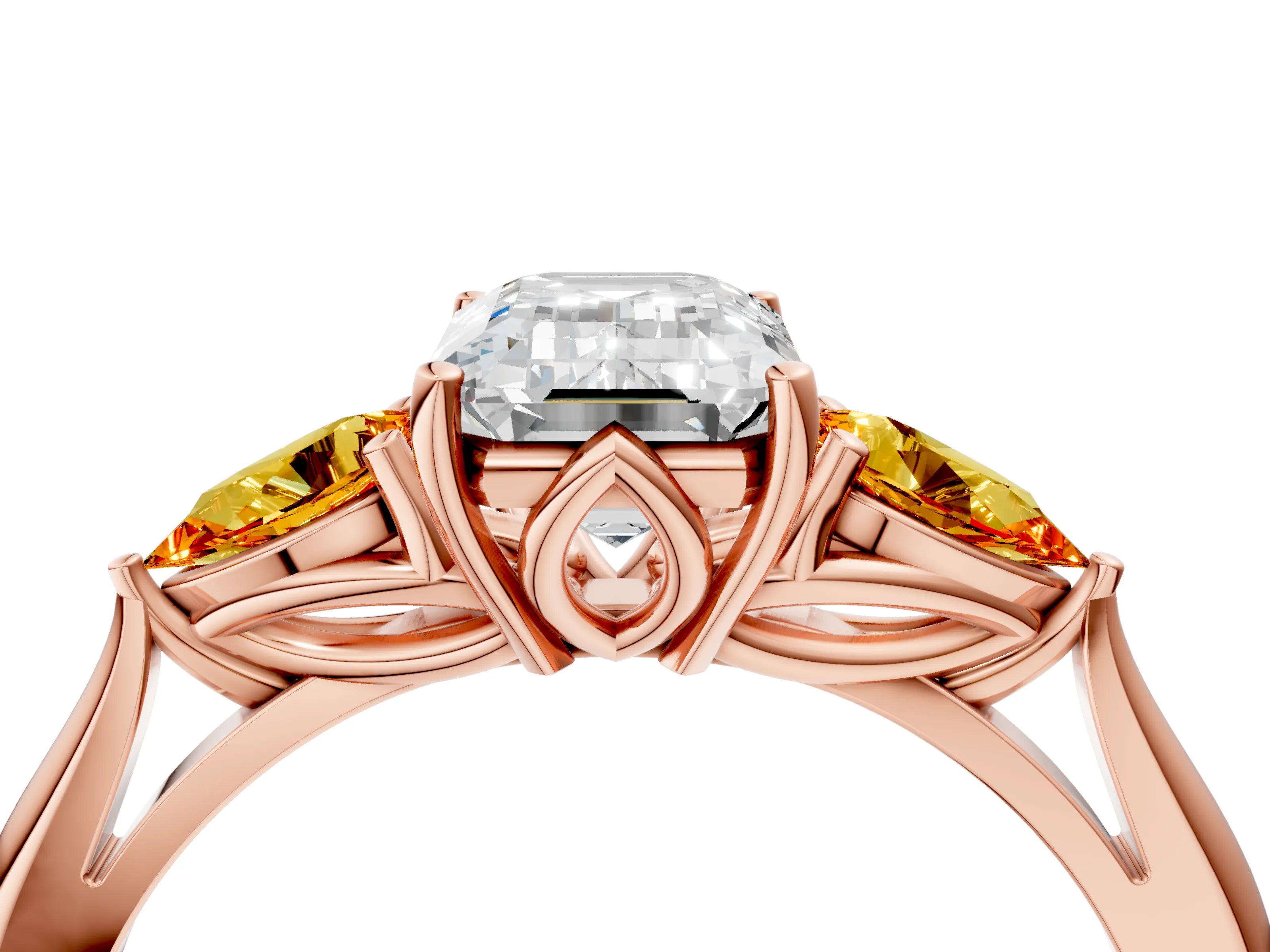 Rose gold Emerald Cut Diamond Three-Stone Ring with Pear with Citrine side stone Side Stones and Prong Setting_4