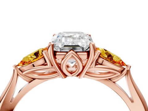 Rose gold Emerald Cut Diamond Three-Stone Ring with Pear with Citrine side stone Side Stones and Prong Setting_4