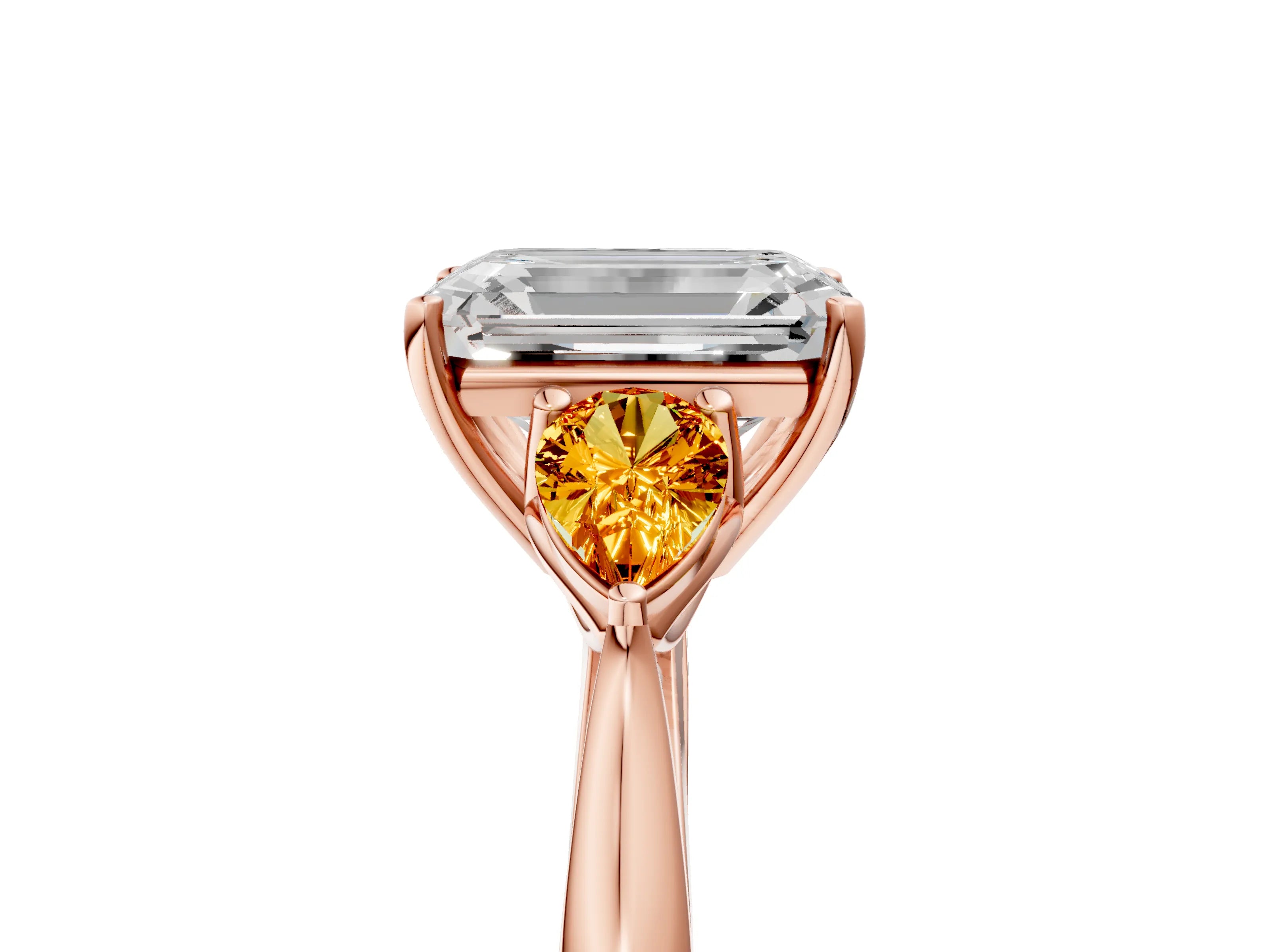 Rose gold Emerald Cut Diamond Three-Stone Ring with Pear with Citrine side stone Side Stones and Prong Setting_5