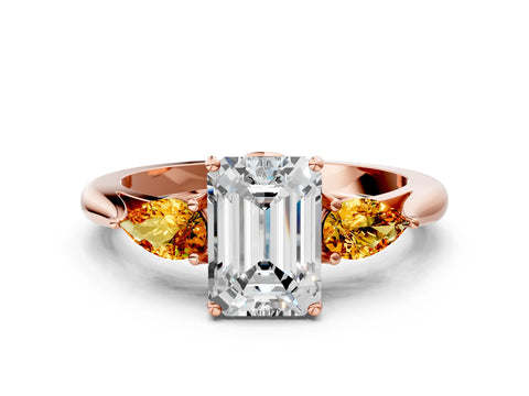 Rose gold Emerald Cut Diamond Three-Stone Ring with Pear with Citrine side stone Side Stones and Prong Setting