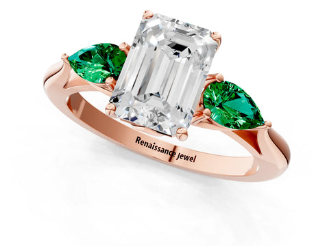 Rose gold Emerald Cut Diamond Three-Stone Ring with Pear with Emerald side stone Side Stones and Prong Setting_1