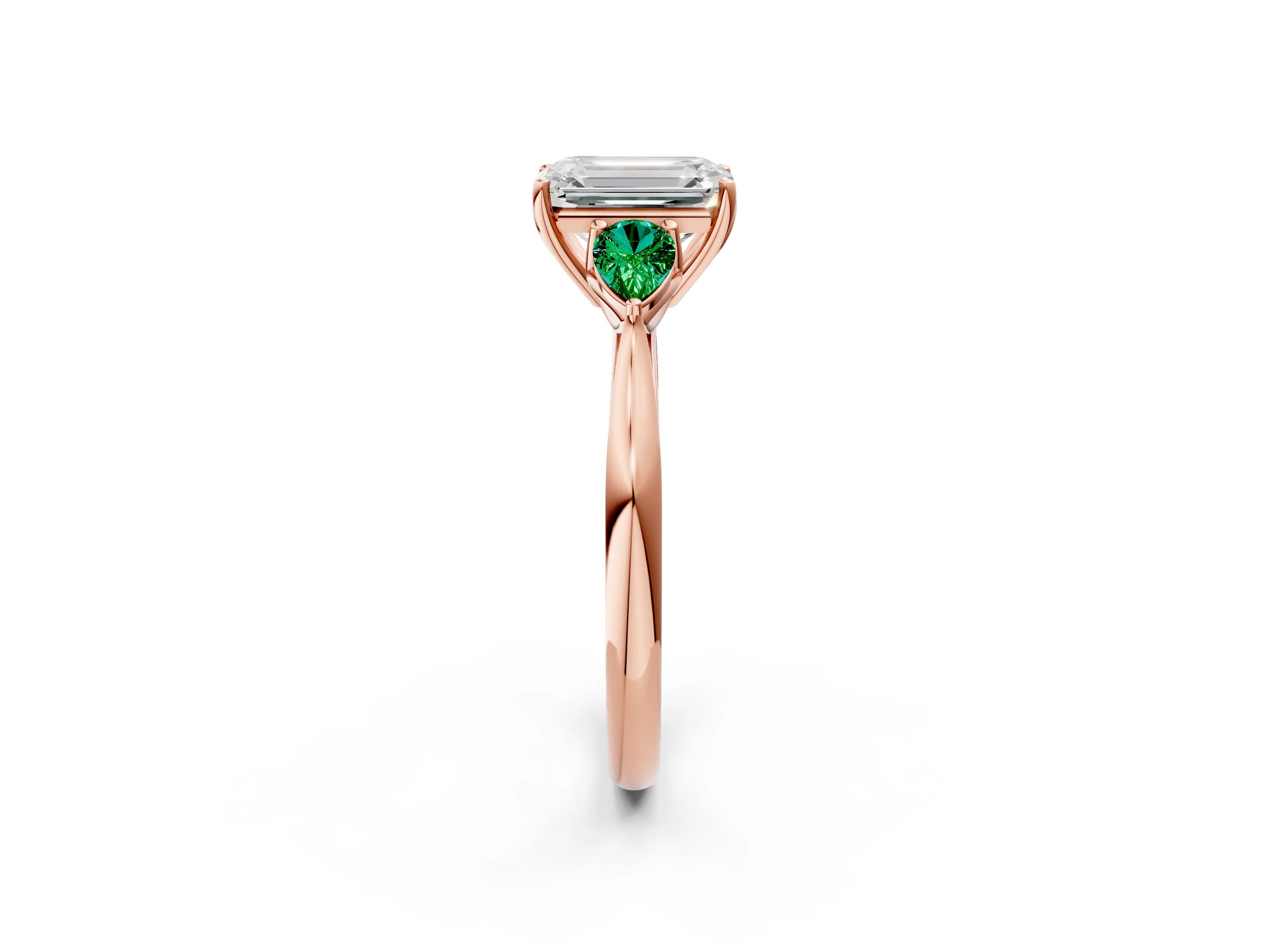 Rose gold Emerald Cut Diamond Three-Stone Ring with Pear with Emerald side stone Side Stones and Prong Setting_2
