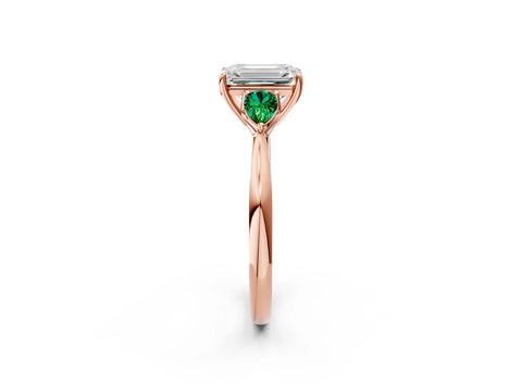 Rose gold Emerald Cut Diamond Three-Stone Ring with Pear with Emerald side stone Side Stones and Prong Setting_2