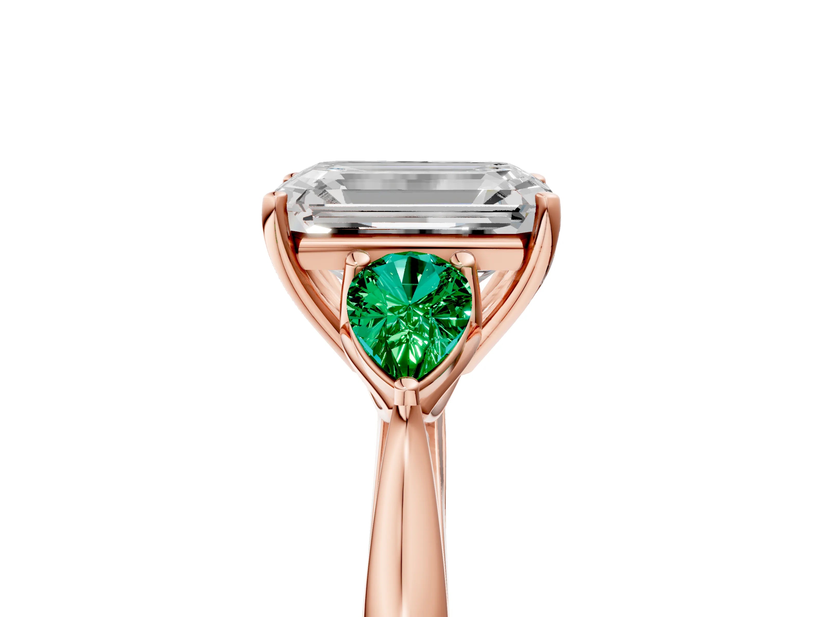Rose gold Emerald Cut Diamond Three-Stone Ring with Pear with Emerald side stone Side Stones and Prong Setting_5
