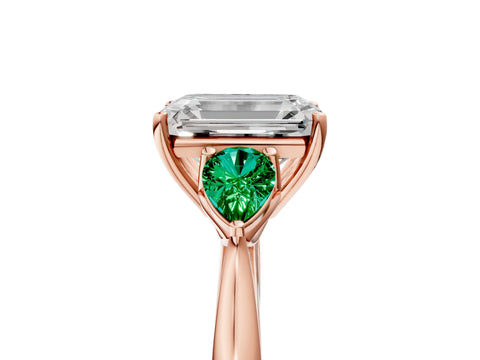 Rose gold Emerald Cut Diamond Three-Stone Ring with Pear with Emerald side stone Side Stones and Prong Setting_5