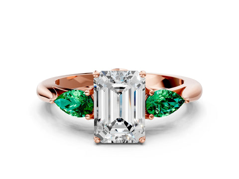 Rose gold Emerald Cut Diamond Three-Stone Ring with Pear with Emerald side stone Side Stones and Prong Setting