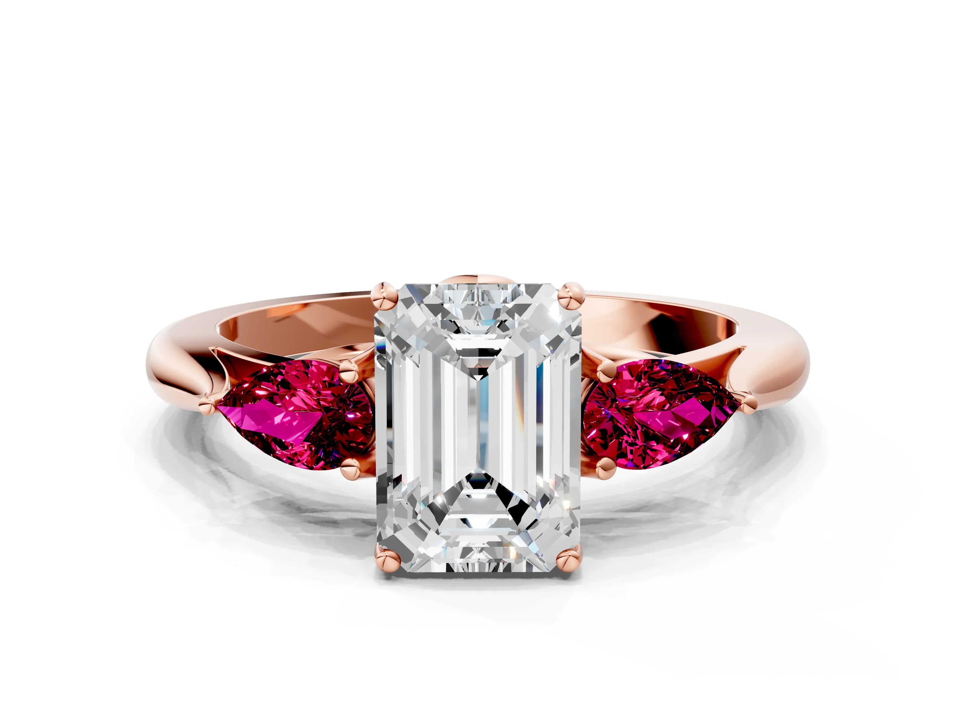 Rose gold Emerald Cut Diamond Three-Stone Ring with Pear with Garnet side stone Side Stones and Prong Setting