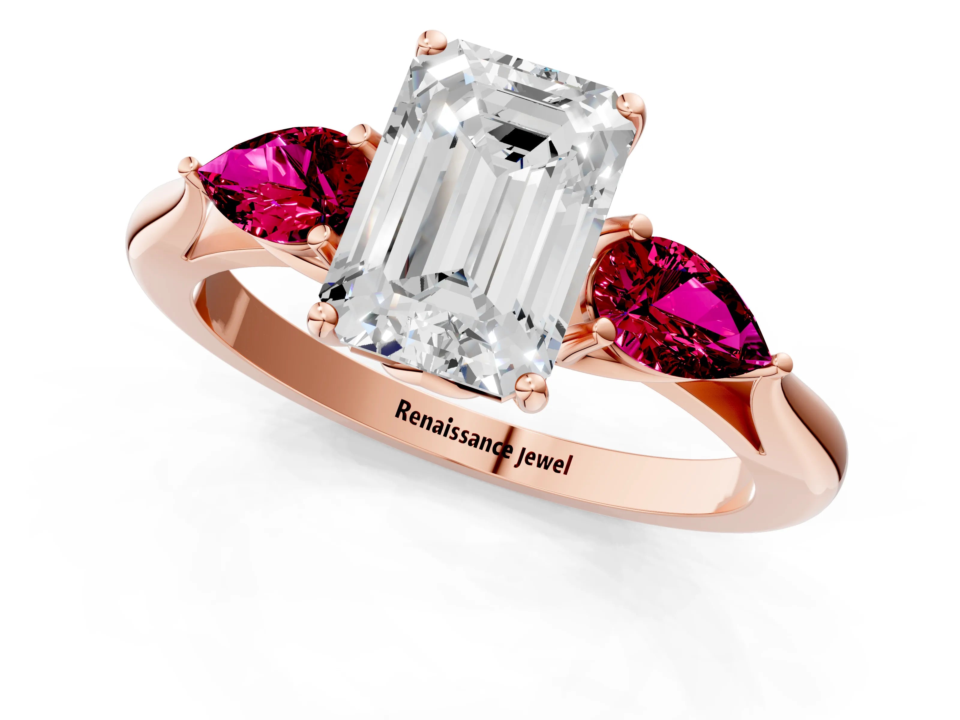 Rose gold Emerald Cut Diamond Three-Stone Ring with Pear with Garnet side stone Side Stones and Prong Setting_1