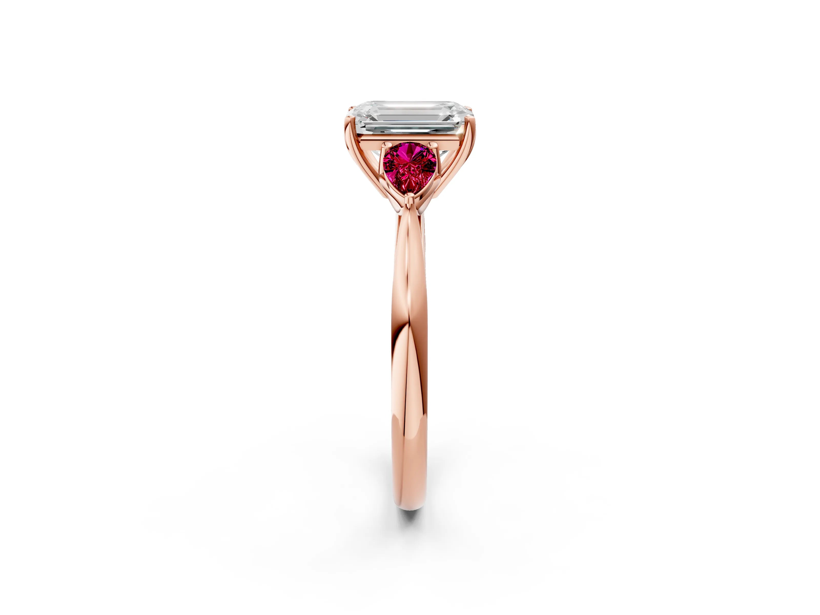 Rose gold Emerald Cut Diamond Three-Stone Ring with Pear with Garnet side stone Side Stones and Prong Setting_2