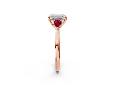 Rose gold Emerald Cut Diamond Three-Stone Ring with Pear with Garnet side stone Side Stones and Prong Setting_2