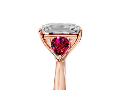 Rose gold Emerald Cut Diamond Three-Stone Ring with Pear with Garnet side stone Side Stones and Prong Setting_5