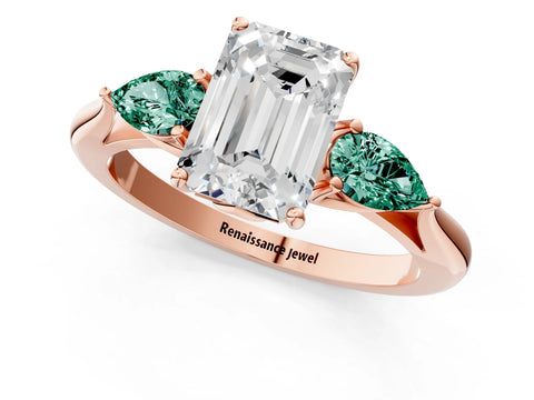 Rose gold Emerald Cut Diamond Three-Stone Ring with Pear with Green Sapphire side stone Side Stones and Prong Setting_1