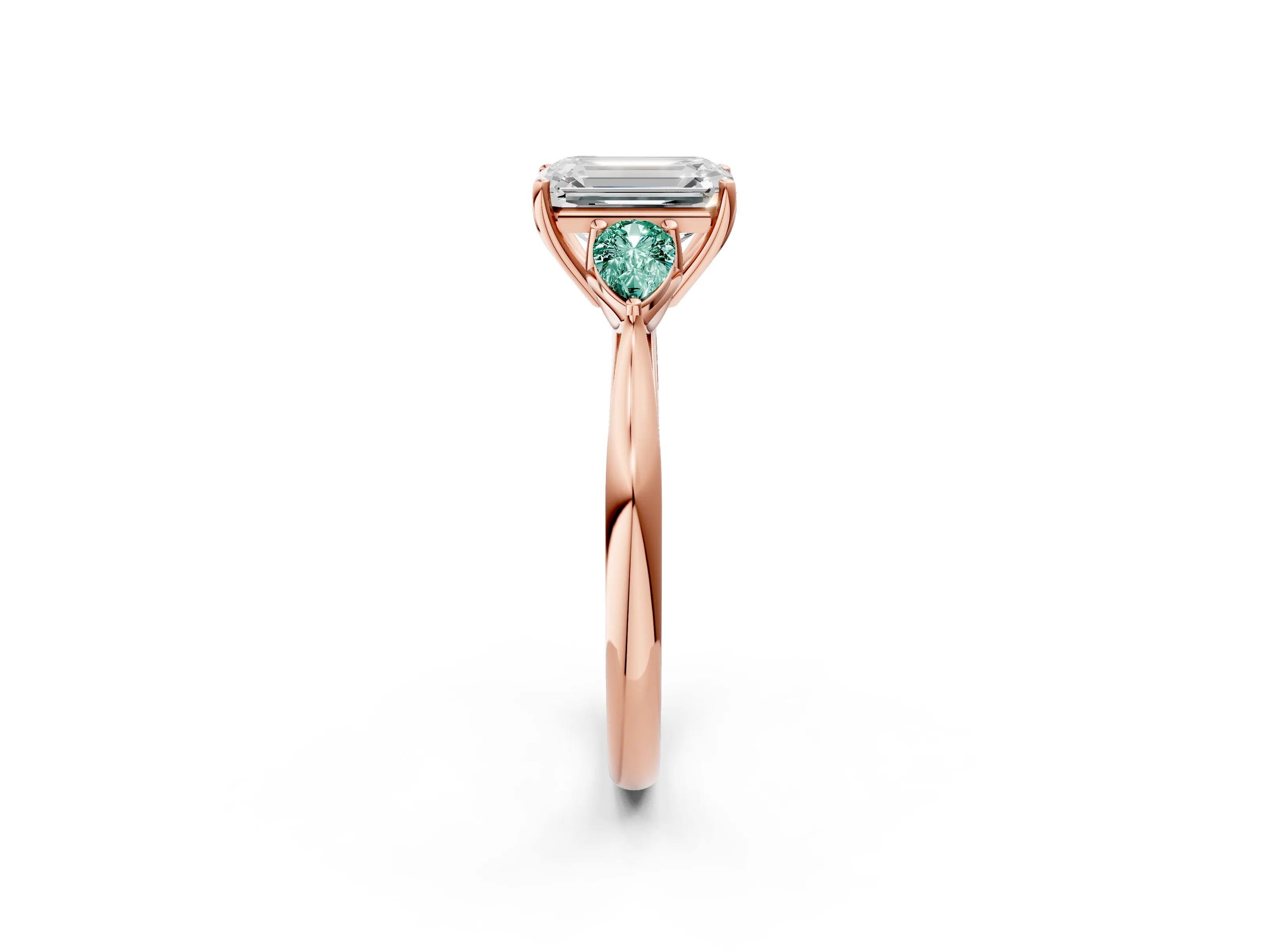 Rose gold Emerald Cut Diamond Three-Stone Ring with Pear with Green Sapphire side stone Side Stones and Prong Setting_2