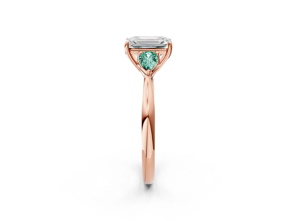 Rose gold Emerald Cut Diamond Three-Stone Ring with Pear Green Sapphire Side Stones and Prong Setting