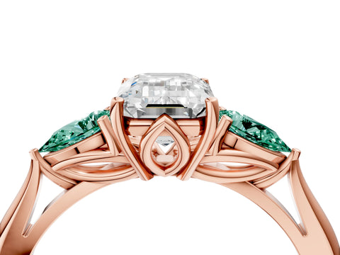 Rose gold Emerald Cut Diamond Three-Stone Ring with Pear with Green Sapphire side stone Side Stones and Prong Setting_4