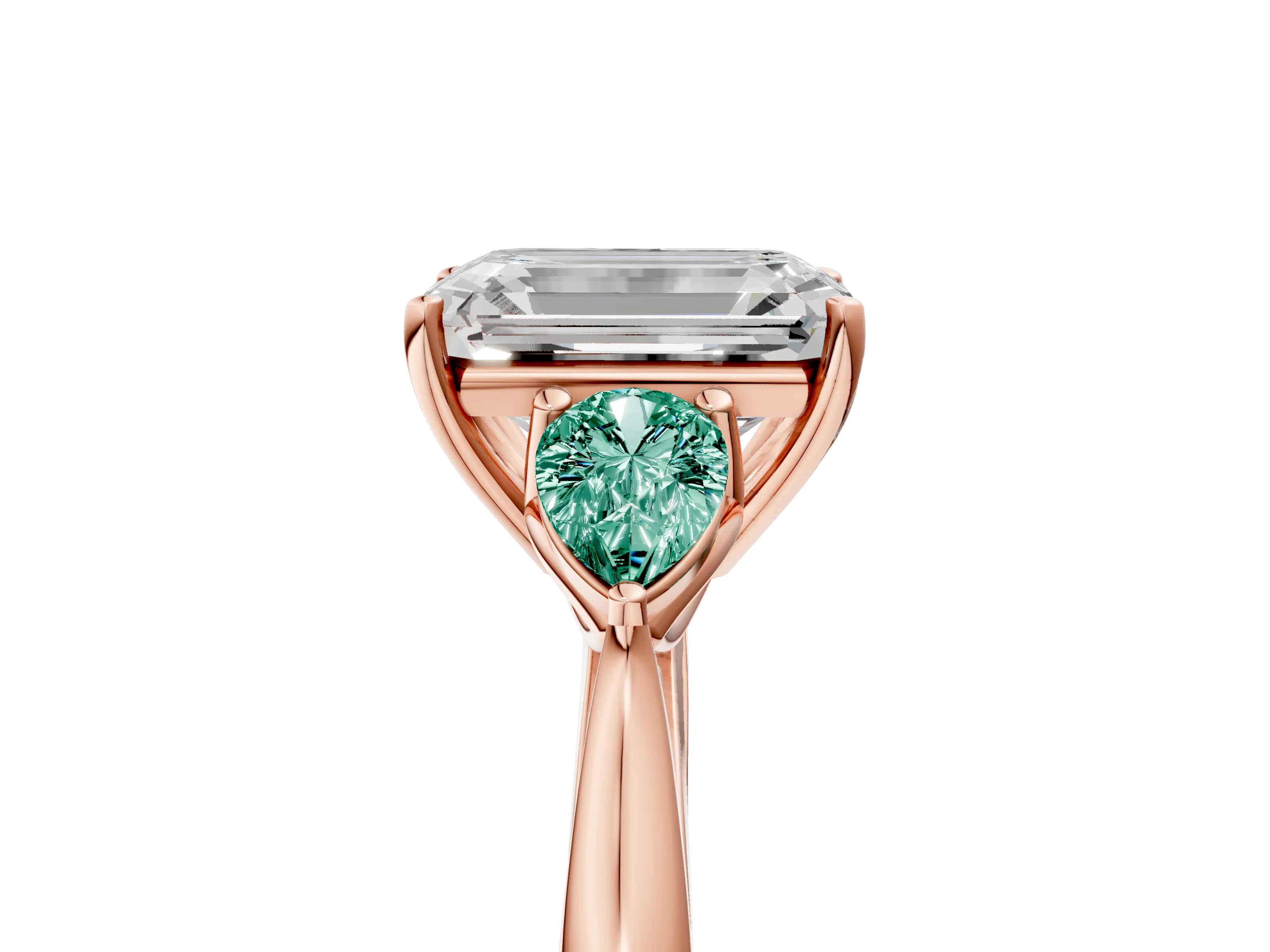 Rose gold Emerald Cut Diamond Three-Stone Ring with Pear with Green Sapphire side stone Side Stones and Prong Setting_5